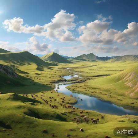 航拍内蒙古乌兰布统：牛群漫步河道，壮美风光尽收眼底